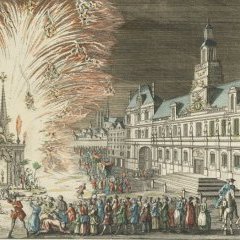 Vue perspective d'un Feu d'Artifice tiré devant l'Hôtel de Ville en réjouissance de la Paix. 