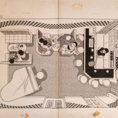 {© Illustration originale Kazuo Kamimura Double page issue du Club des Divorcés, Kana, 2015-2016}